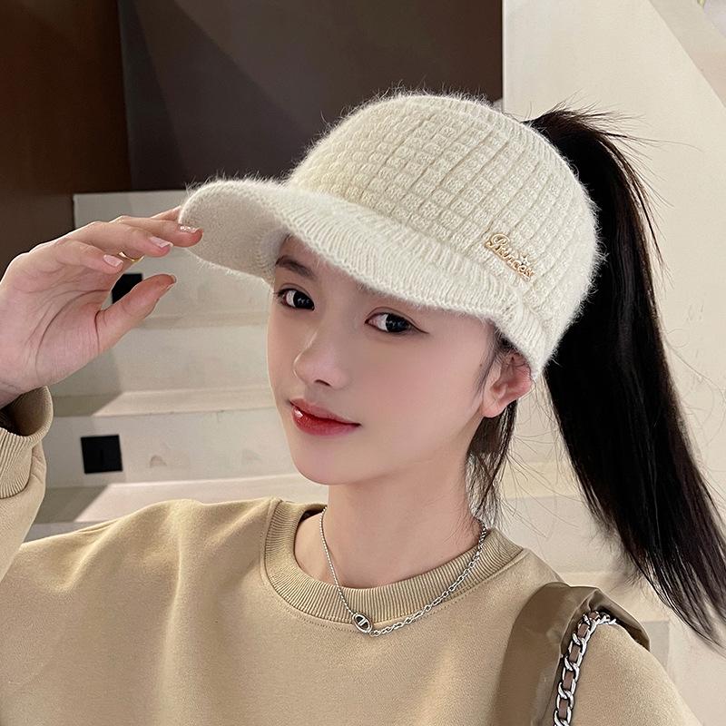 Women's Fleece-lined Wool Knitted Wide Brim Visor Hat for Autumn & Winter Sports