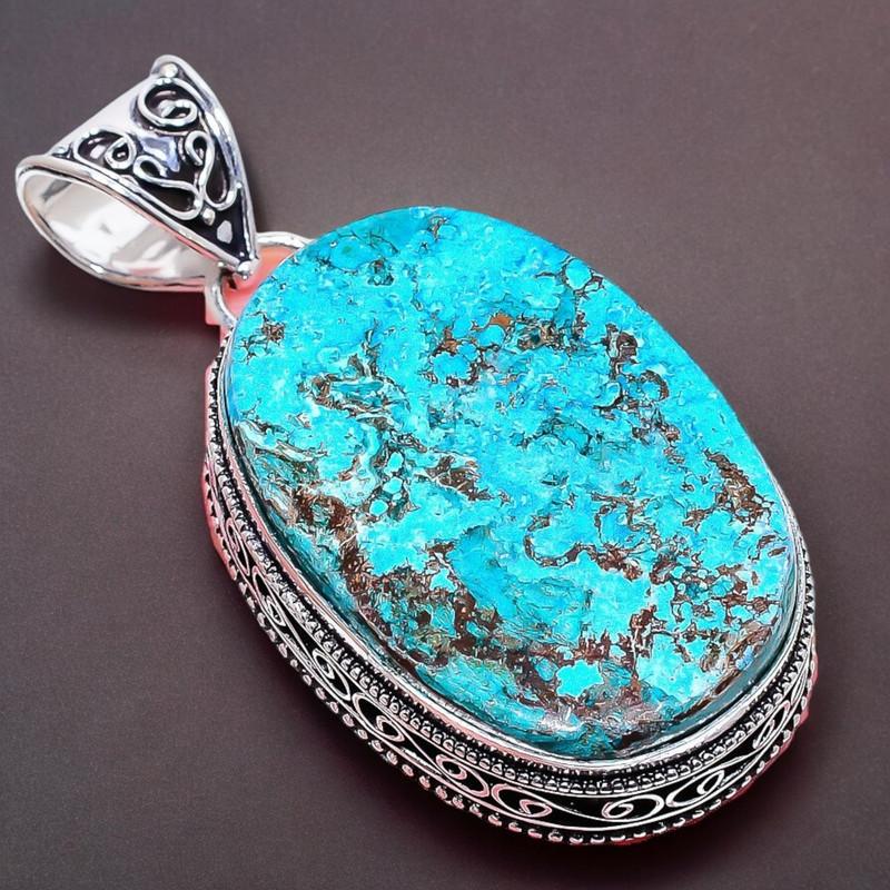 Tibetan Turquoise Gemstone Handmade 925 Sterling Silver Jewelry Pendant 2.17" AH-775
