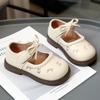 Cherry Leather Bowknot Princess Shoes for Girls - Soft Sole Pearl Trim Flats
