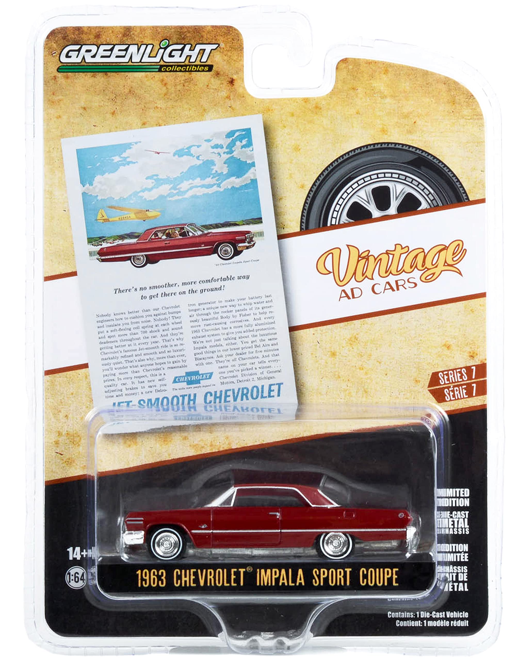 

Greenlight 39100 A 1963 Chevrolet Impala Sport Coupe with Red Vintage Advertising Car Series Scale Diecast Model Car Interior, 7, 1/64