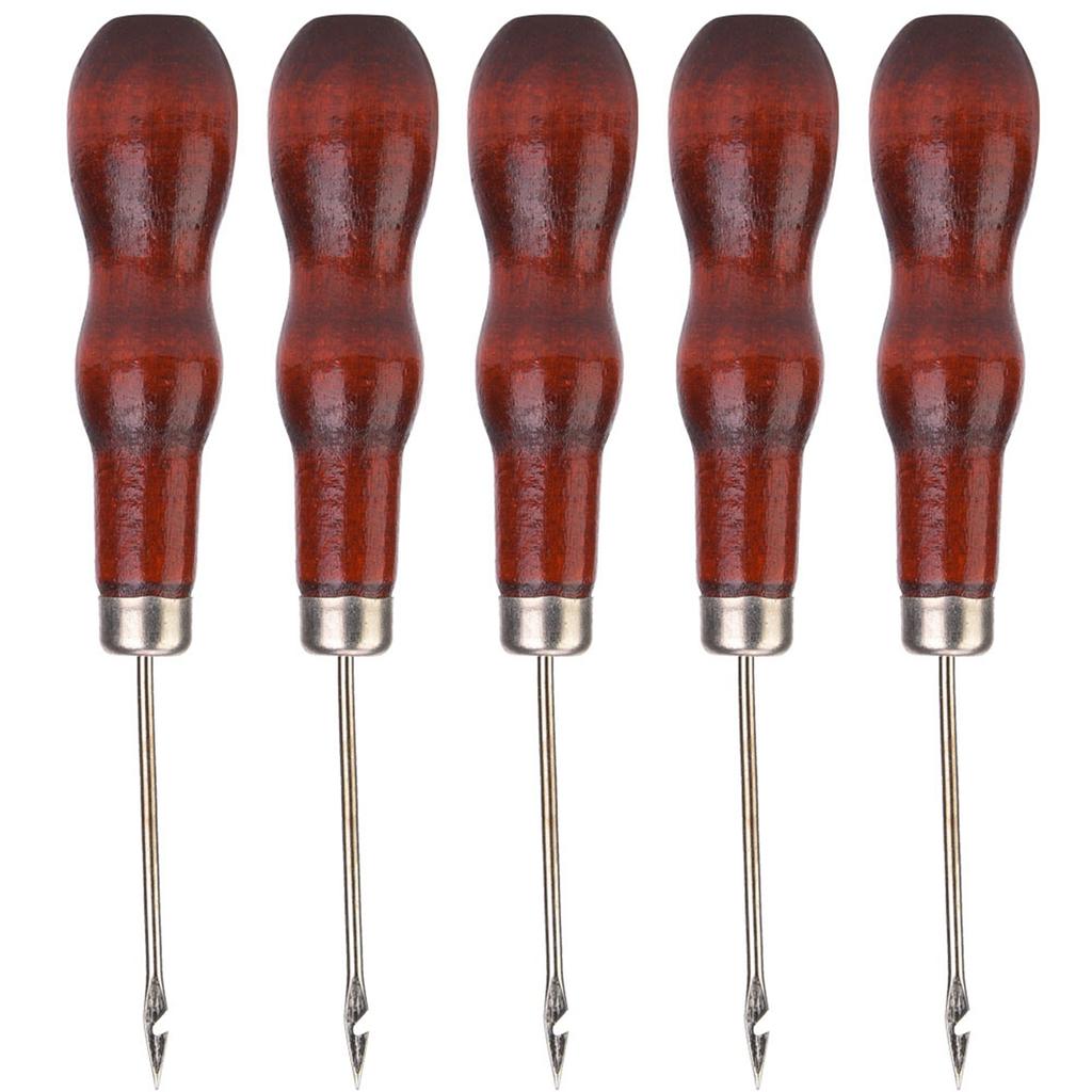 5PCS Wooden Handle Awl Hole Punch Sewing Stitching Awl Tool Shoe Repair Crochet Hook