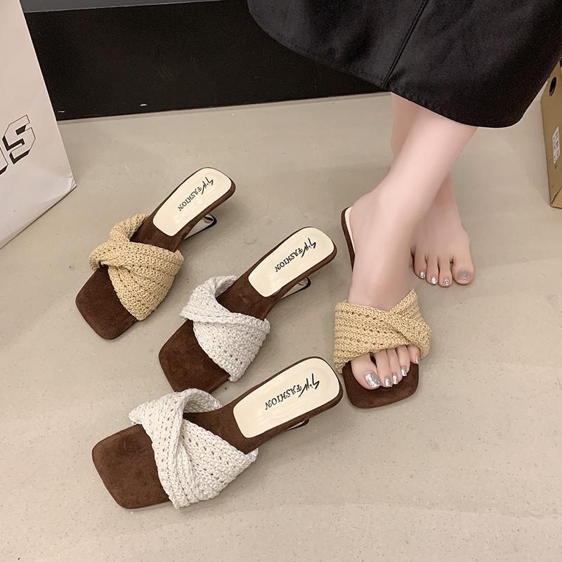Fashion Weave Mid Heels Women Slippers New Fashion Casual Wedges Shoes 2025 Summer Elegant Sandals Cozy Pumps Dress Sandalias De Mujer