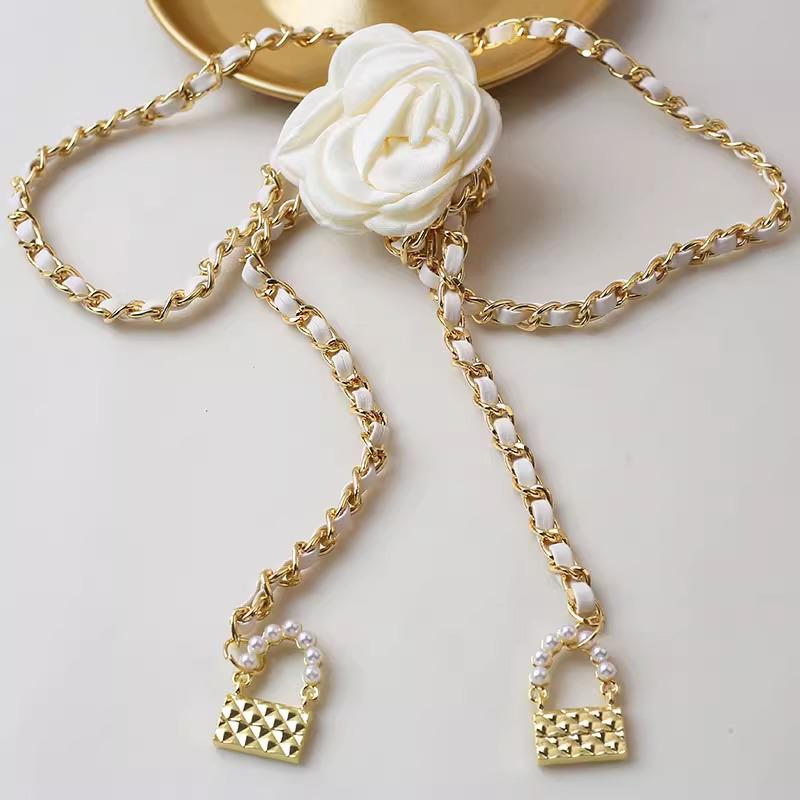 Korean Fashion Black & White Camellia Pearl Waist Chain Belt for Women