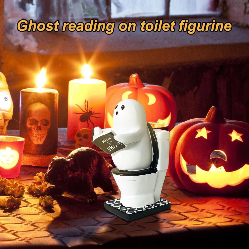 Ghost Figurine Ghost Reading Book On Toilet Statue Gothic Cute Festive Sculpture Figurine for Men Party Table Home Workplace