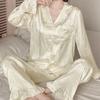 spring autumn Women Pajamas set elegant sweet Solid  jacquard Tops and ruffles Pants Satin sleepwear Loose 2 Piece suit homewear