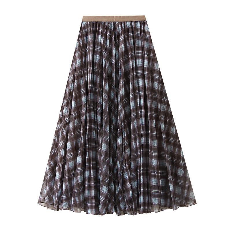 Qooth Autumn Brown Plaid Skirt for Women A-Line Maxi Length Slim Half Skirt QT2745