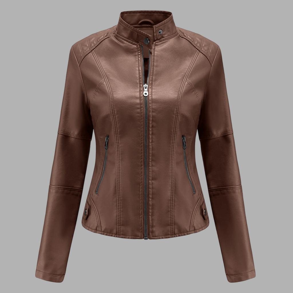 Women's Casual Fashion Slim Fit Thin Motorcycle Large Size Stand Collar Leather Jacket