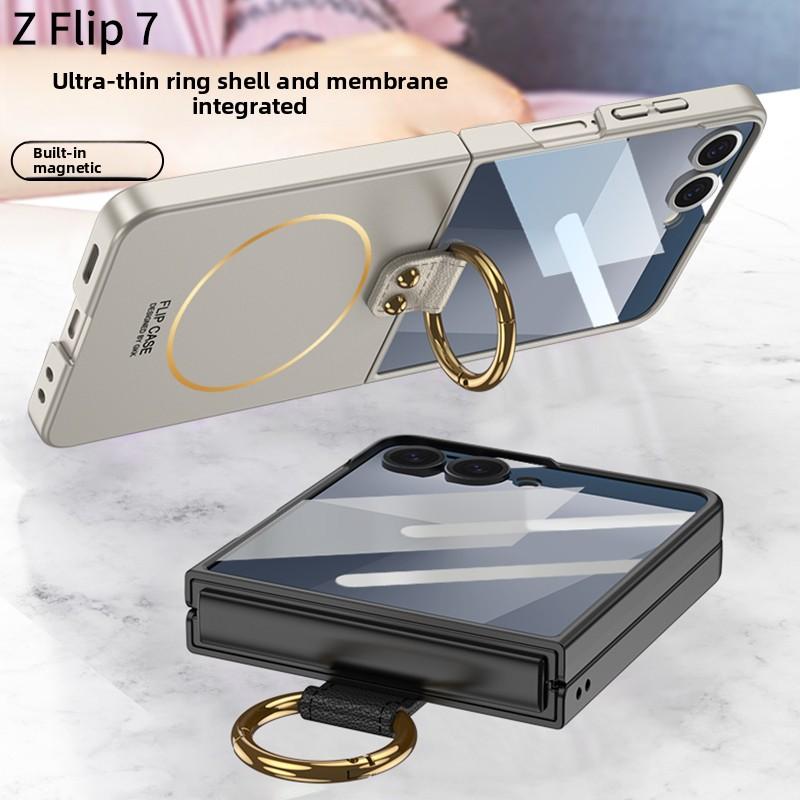 Magnetic for Samsung Z Flip 7 with Ring Stand and Tempered Protective Film Ultrathin Phone Case Cover for Samsung Galaxy ZFlip 7