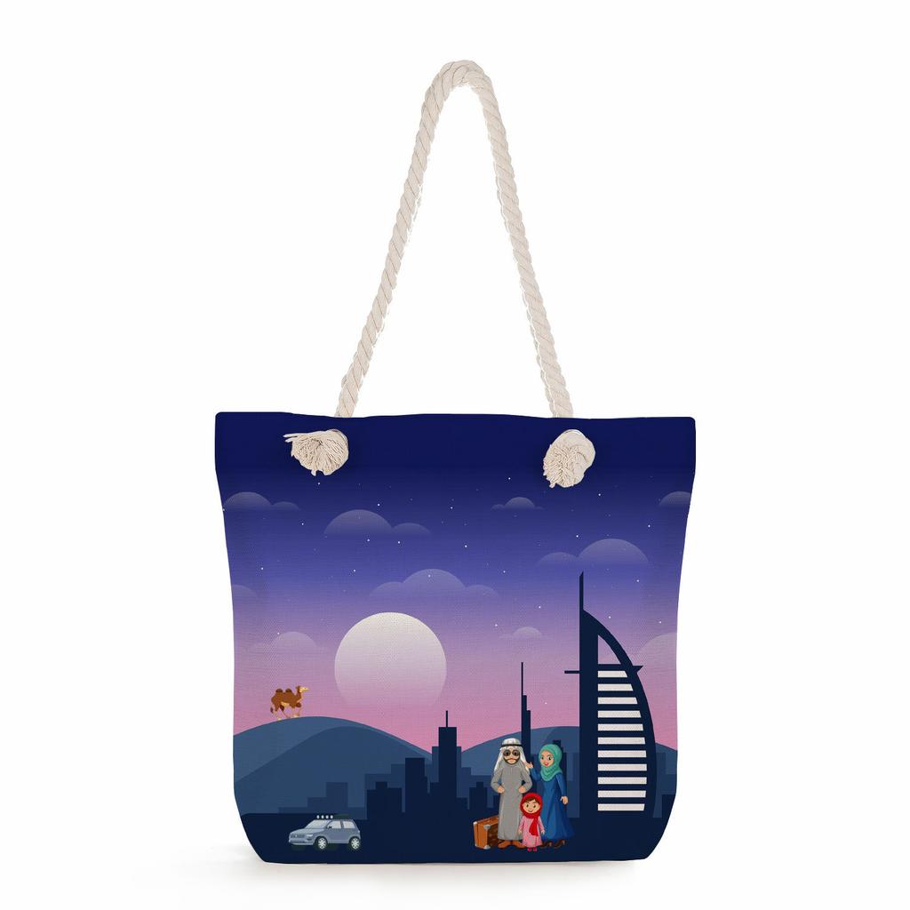 Multifunctional Dubai Architecture Printed Thick Rope Shoulder Beach Bag Casual large capacity handbag 7613