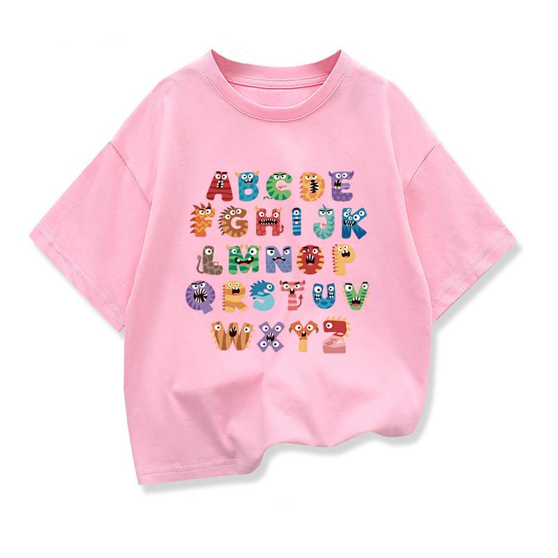 Original Design Creative 26 English Letters Print Tee Tops Boys Girls Short Sleeve Tshirt Summer Kids Clothing