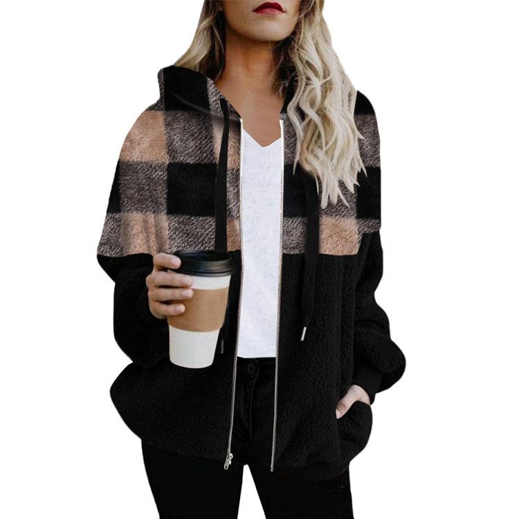 Plaid Color Block Plush Hooded Zipper Sweatshirt Jacket – Autumn/Winter Collection
