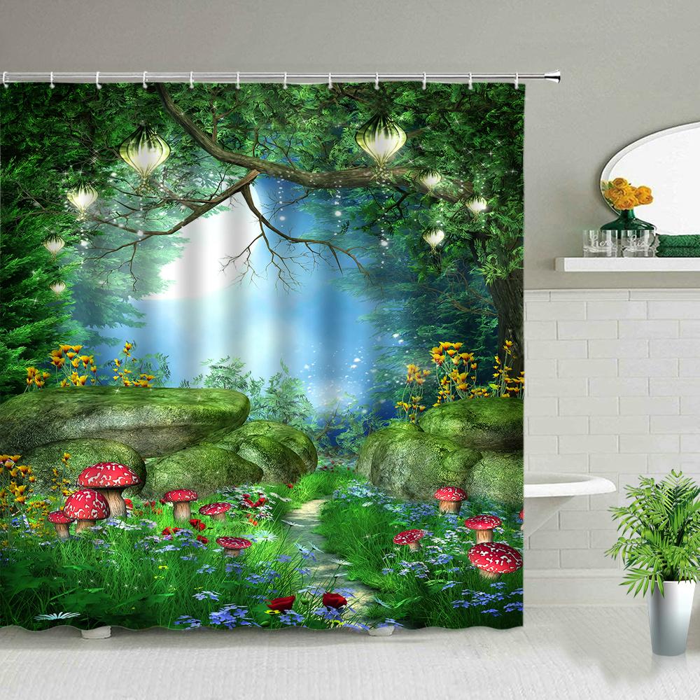 Fantasy Forest Shower Curtain Set Mystery Fairy Forest  Mushroom Flower Plant Home Bathroom Decor Curtains  Bath Accessory Set