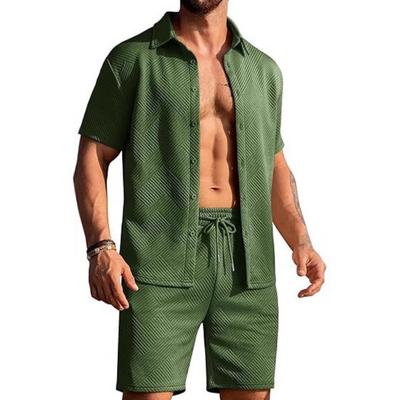 Suéter de malha Verão casual esportivo textura praia manga curta fivela e conjunto de shorts