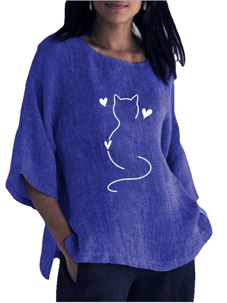 Mode Femme Chemise Imprimée Col Rond Printemps&été Haut Manches Longues 3/4 Blouse Coton Lin Dames