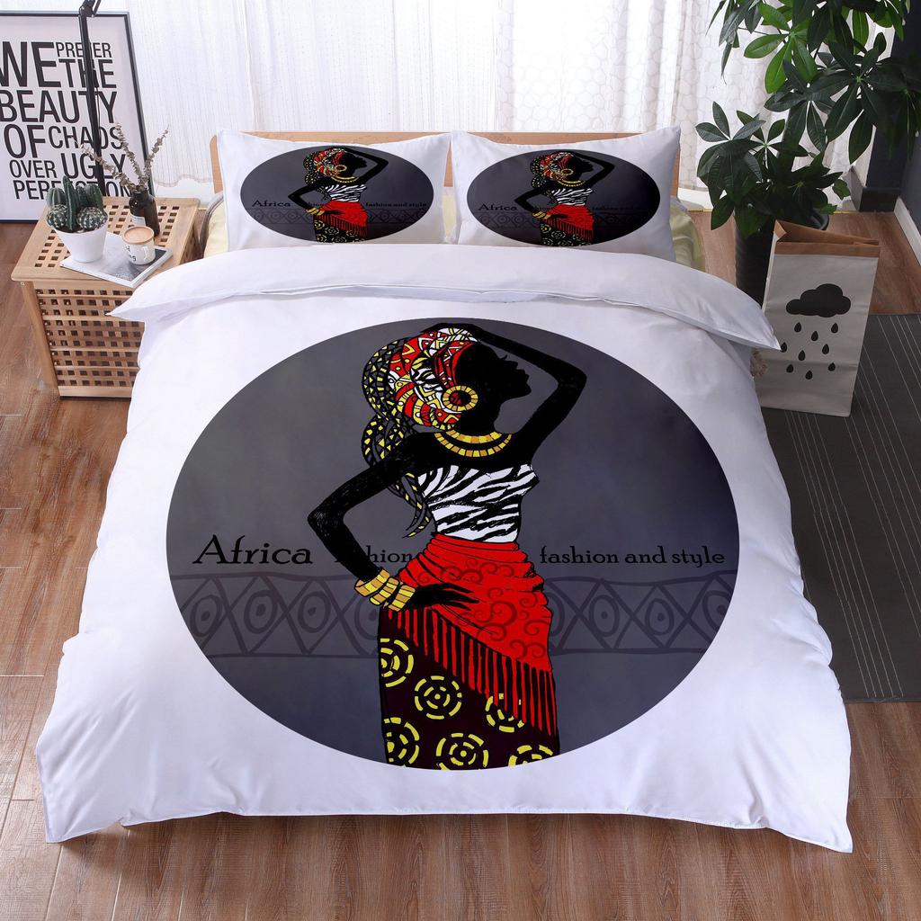 African Woman Bedding Set Ethnic Afro Duvet Cover Microfiber African American Comforter Set 3 Pieces Orange Ancient Desert Full