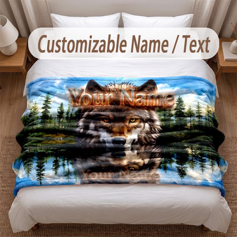 Wolf Theme Soft Blanket Personalized Custom Name Text Print Warm Blanket Home Sofa Bedroom Decor