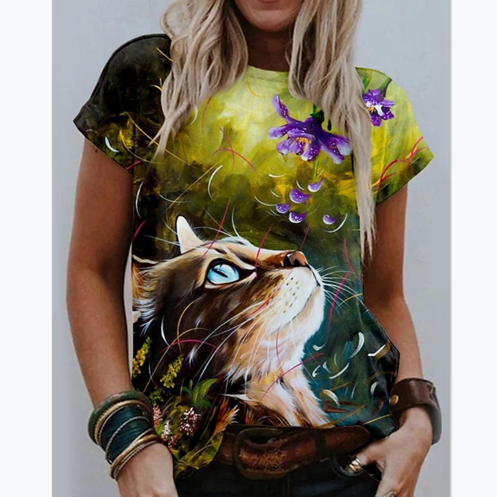 New Summer 3D Printing for Women Cute Cat Fashion 2025 New Harajuku Animal Short Sleeve Oversized