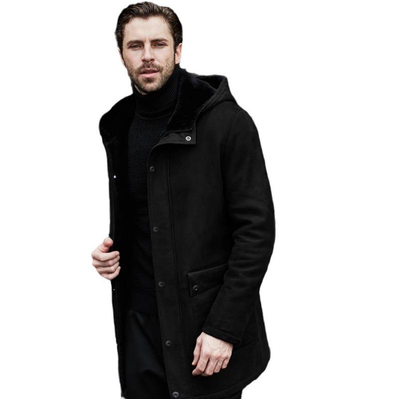 Long Jacket Fur Integrated Suede Jacket Multi-button Hooded Men's Coat