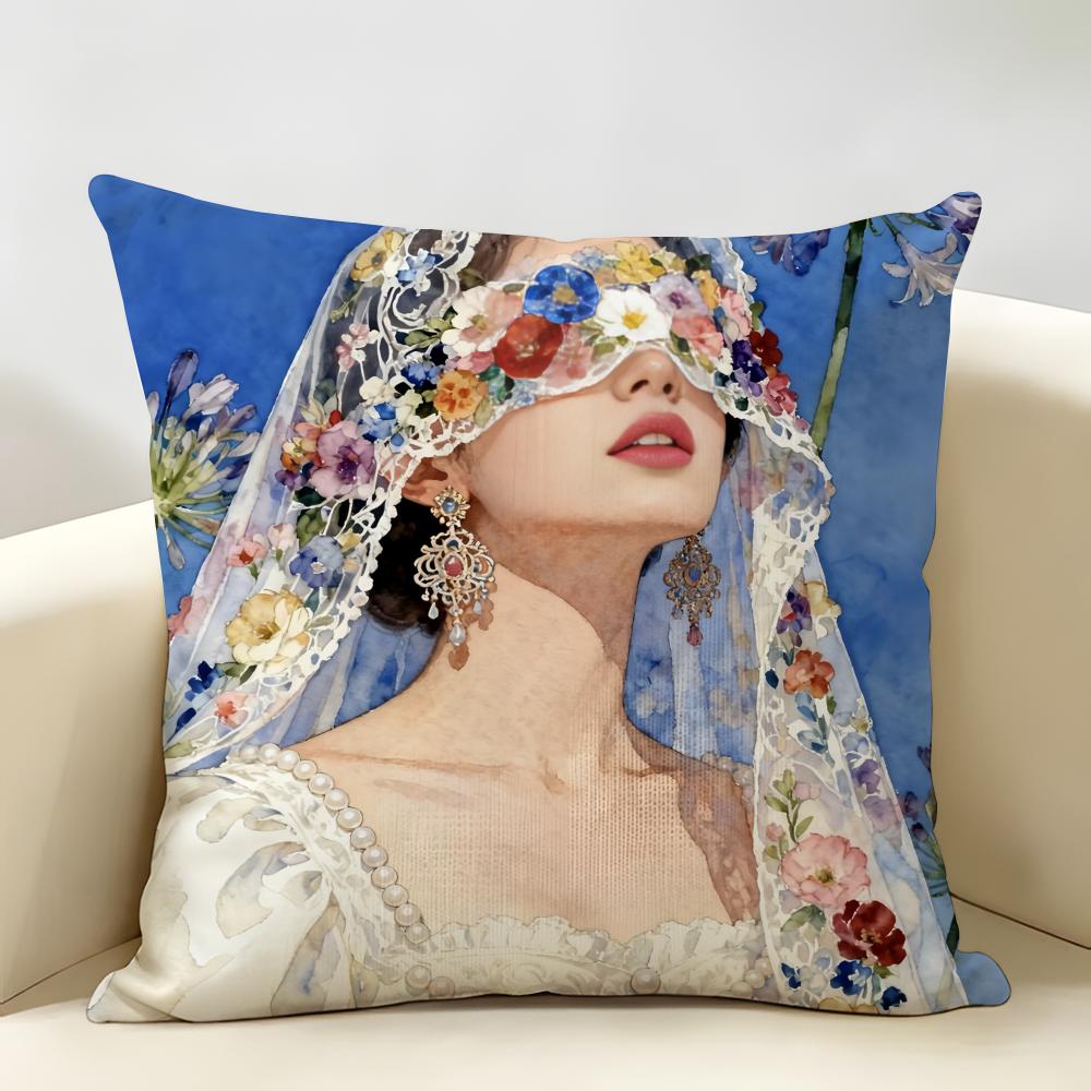 Retro Cute Wedding Girl Cushion Cover Natural Linen Organic Fabric DoubleSided Printing Room Sofa Decor Pillow Case