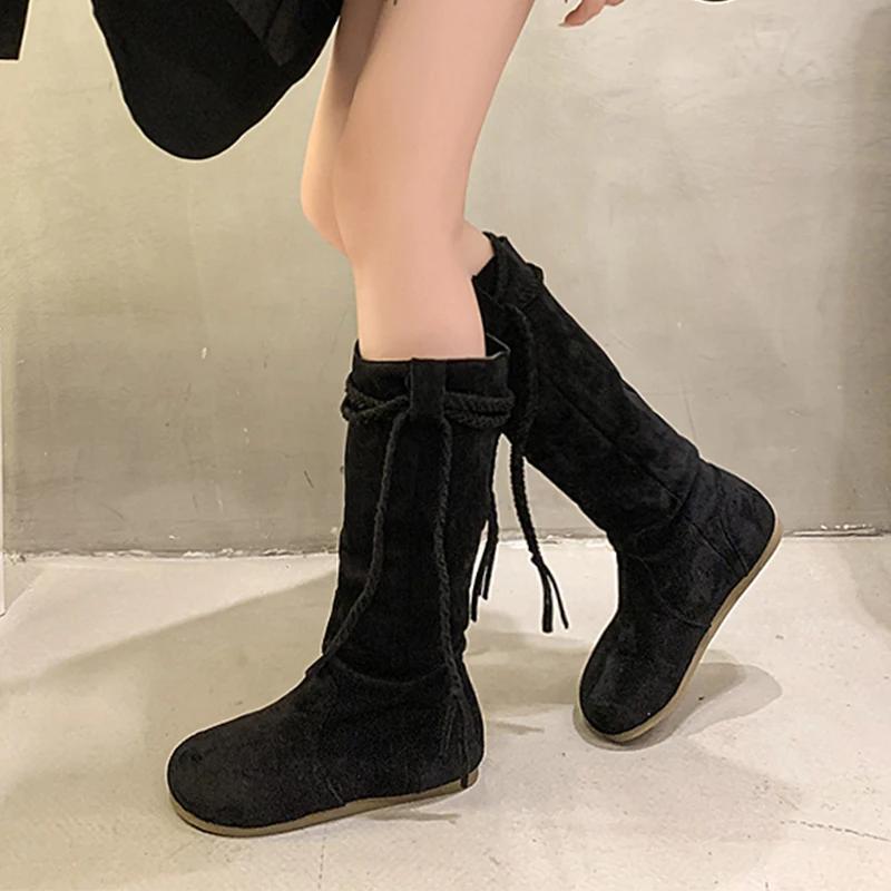 

Женские высокие сапоги с бахромой, замшевые туфли на плоской подошве, высокие сапоги до колена, плиссированные, модные, люксовые, брендовые, зимние, модные, челси, готические сапоги, Mujer 40