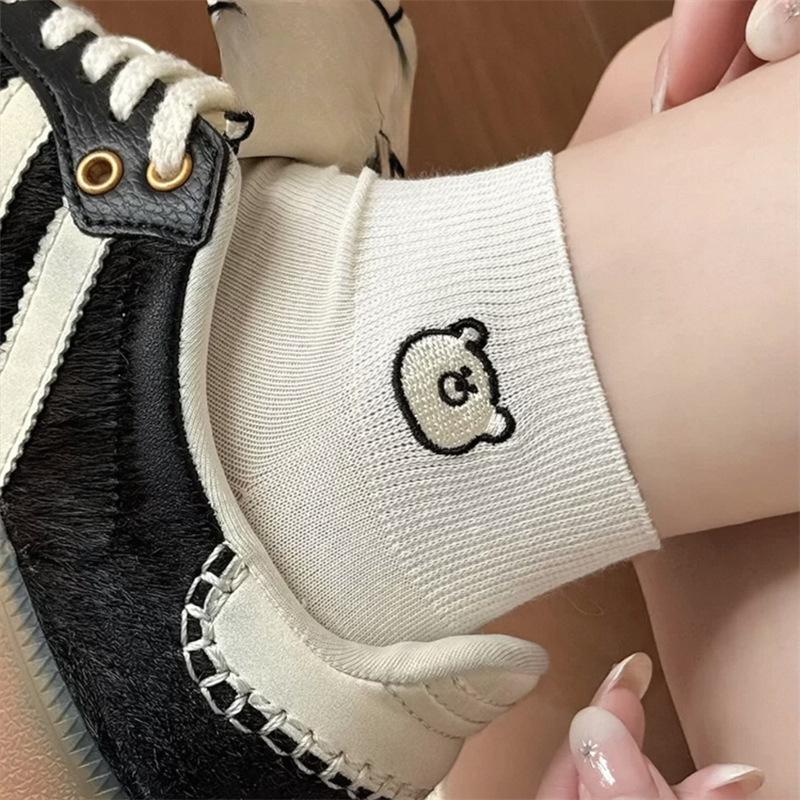Female Summer Thin Lovely Cotton Boneless Bear Embroidered Short Tube Socks