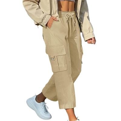 Women's Casual Loose Elastic Waist Straight Leg Pants Comfort Pocket Seven Pants