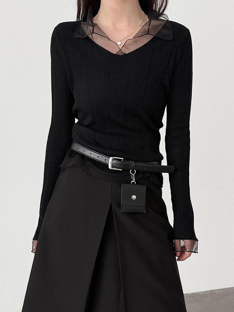 Lu Xi Women's V-neck Korean Style Mesh Patchwork Knit Top, Early Spring 2026 Collection