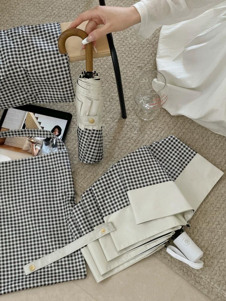 INS Black and White Plaid Sun Protection Umbrella Foldable and Portable Umbrella Female Dual-Use Black Glue UV Protection Umbrella