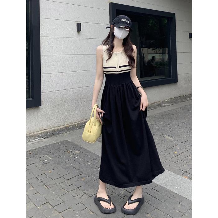 Striped Sleeveless Vest Long Skirt Summer 2026 New French Gentle Wind Splicing Contrasting Color Slim Dress Women