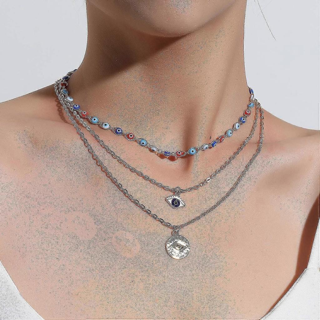 2 pieces of new multi-layer devil eye pendant necklace women fashion exaggerated trend eye necklace