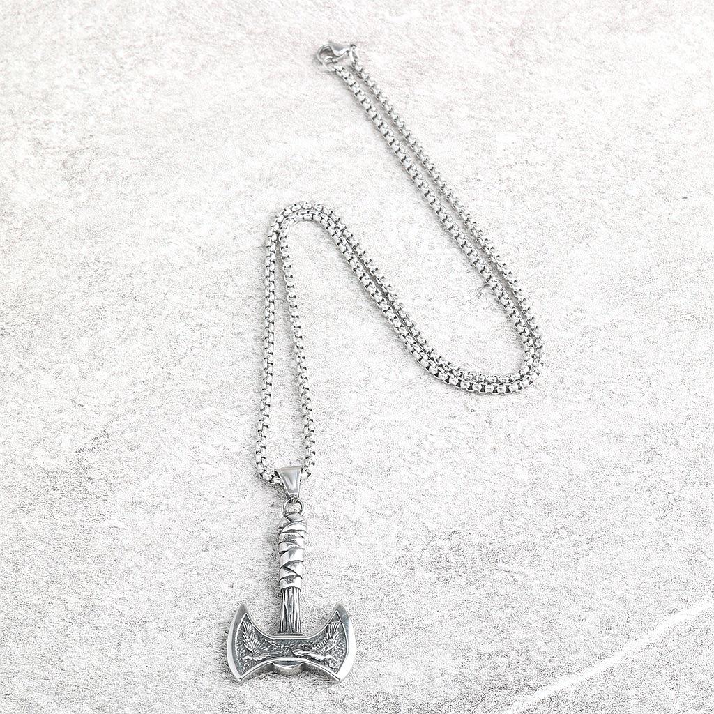 European American Viking Double Axe & Raven Wolf Titanium Steel Pendant Necklace for Men