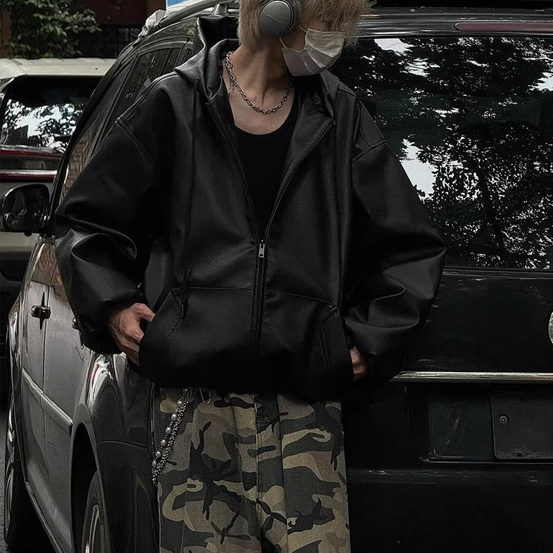 Spring Autumn Men's Oversized Casual Loose Zipper Hooded Jackets High Street Black Color Pu Leather Coat