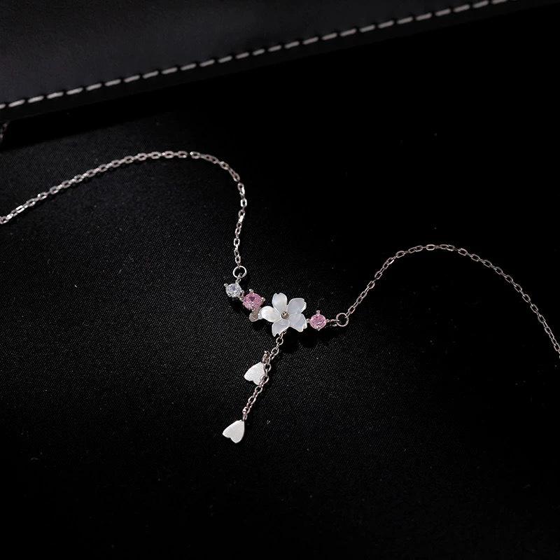Romantic Cherry Blossom Heart Tassel Necklace with Shell Petals - Sweet Forest Style