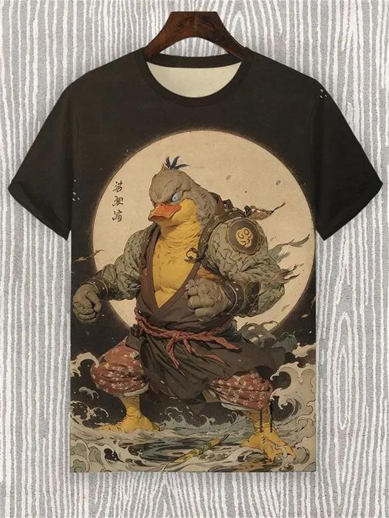 Japanese Cat Pattern T-Shirt For Men Warrior Animal 3D Print Tee Shirts Summer Casual O-Neck Short Sleeve Tees Street Loose Tops