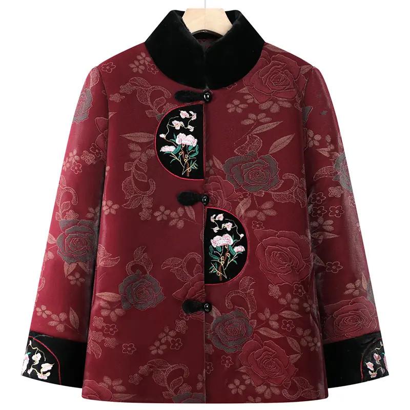 Vintage Chinese Style Winter Cotton-Padded Jacket with Fleece Lining for Middle-Aged and Elderly Women