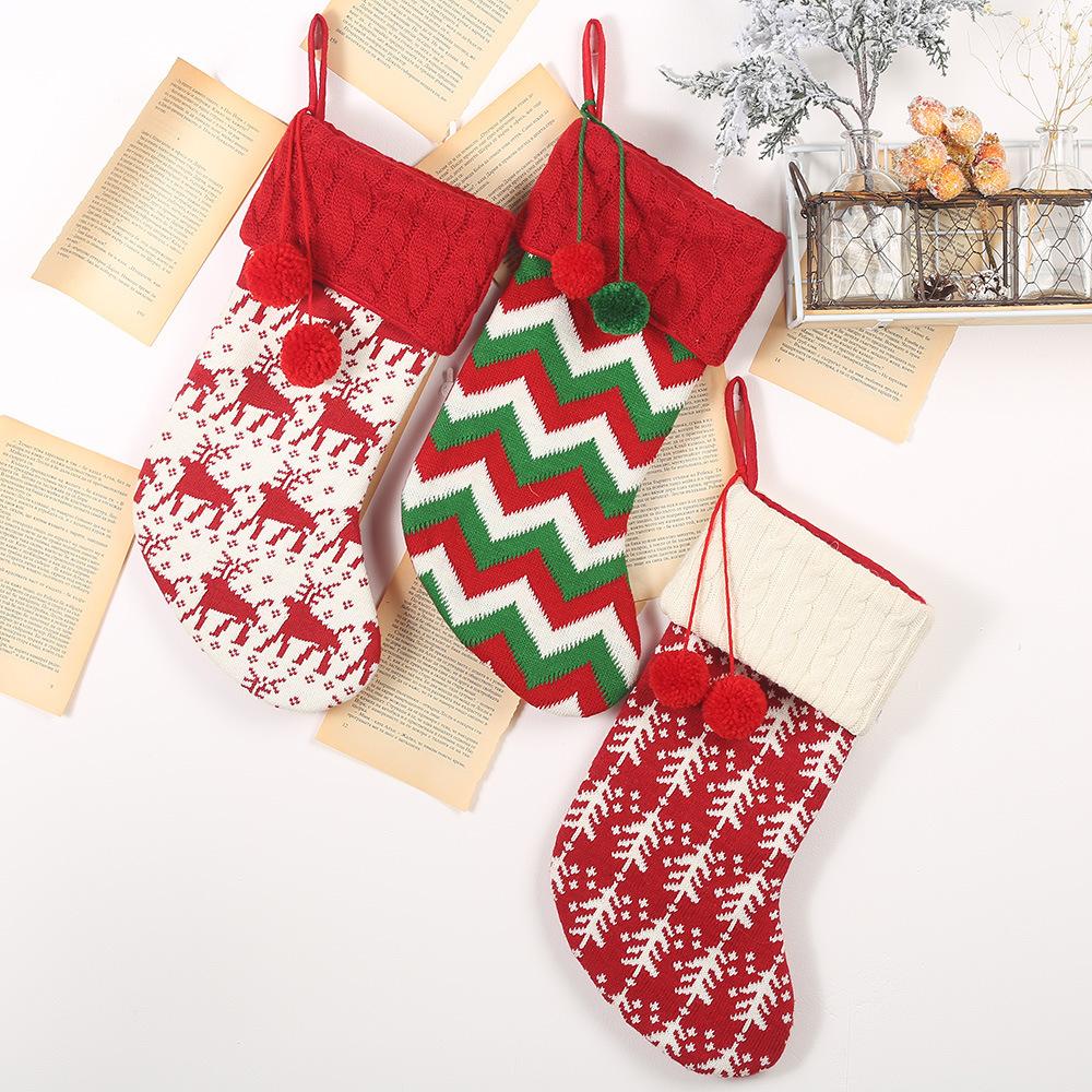 New Christmas Decorations Knitted Christmas Socks Wool Socks Red and White Elk Gift Bag Children's Gift Bag