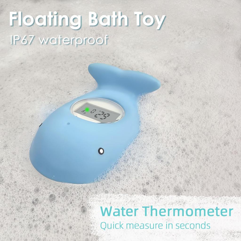 Baby Bath Tub Thermometer - Bathtub Water Thermometer with Room Temperature - Safety Floating Whale Bathtub Toy - New Upgraded Mute Flashing Alert,
