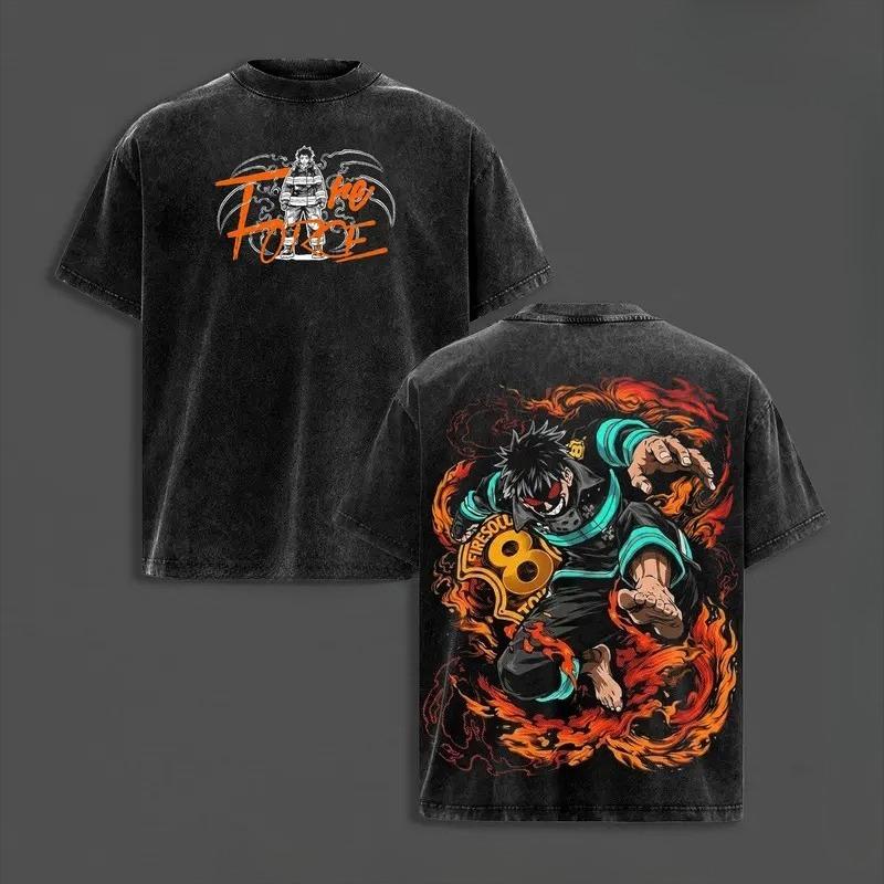 Manga Fire Force Shinra Kusakabe Printed Tee Men Women Clothing Washed Cotton T-shirt Vintage Casual T Shirt Harajuku Tshirt S чёрный
