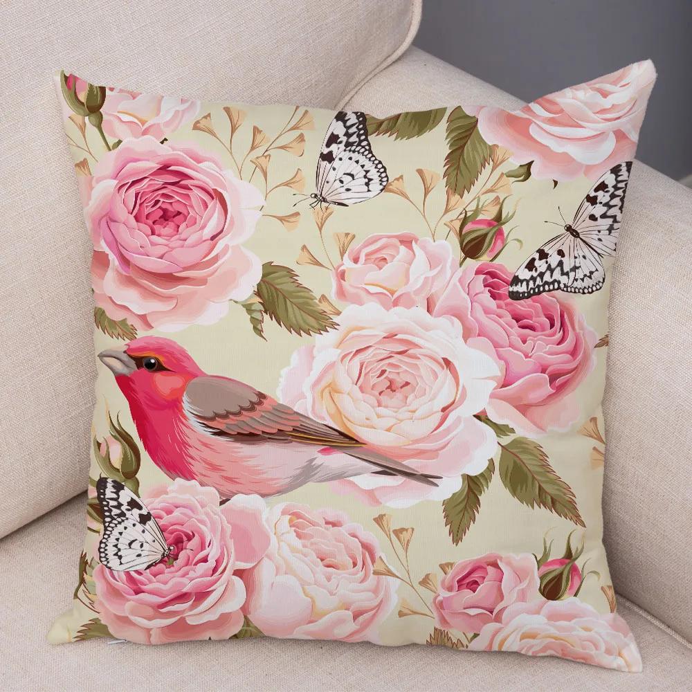 Nordic Style Rose Flower And Birds Pillow Case Cushion Cover For Car Sofa Super Soft Plush Decor Flower Plant Animal Pillowcase