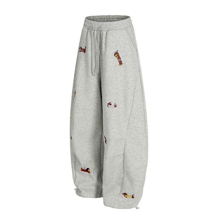 Unisex Retro Embroidered Puppy Wide Leg Pants - Lazy Style, Straight Leg, Crooked Knife Design for Spring and Autumn