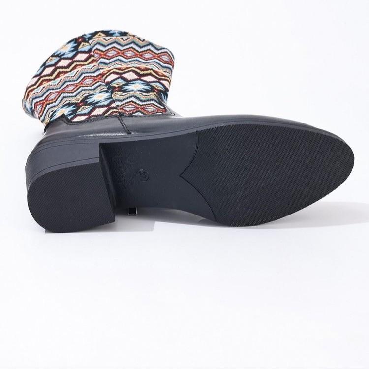 Große ethno-stilvolle Mid-Tube-Stiefel für Damen, neue spitz zulaufende Damenlederstiefel mit dickem Absatz für Herbst und Winter 2025