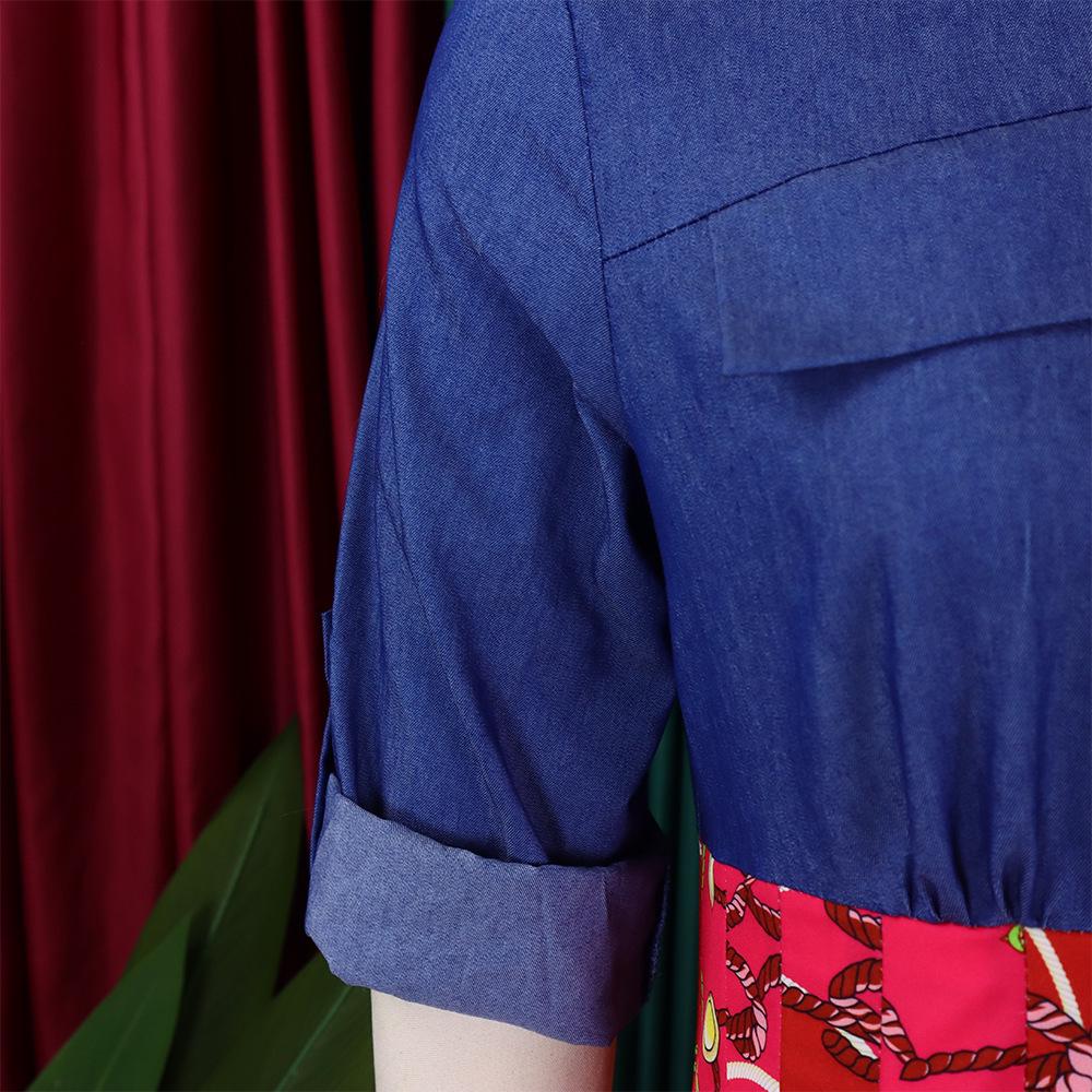 Plus Size Women's Casual Denim Patchwork Print Long Skirt - Large Swing Dress