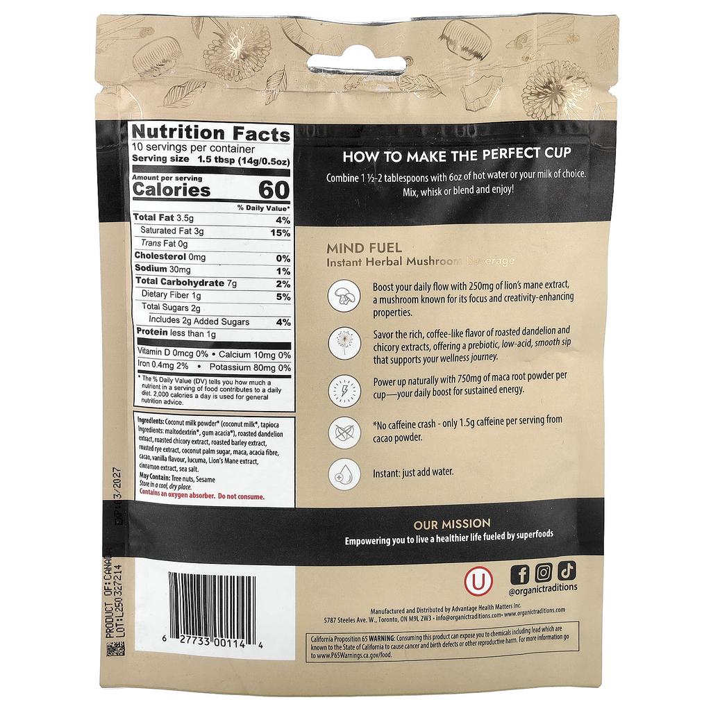 Organic Traditions Instant Herbal Mushroom Drink, Mind Fuel, Caffeine Free, 140g (5oz)