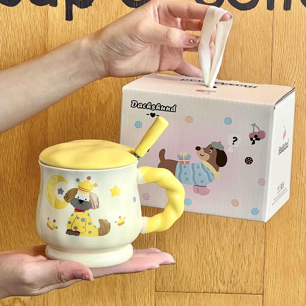 Cute Ceramic Mug Couple Cartoon Drinking Water Cup with Lid Spoon Office Coffee Cup Birthday Gift