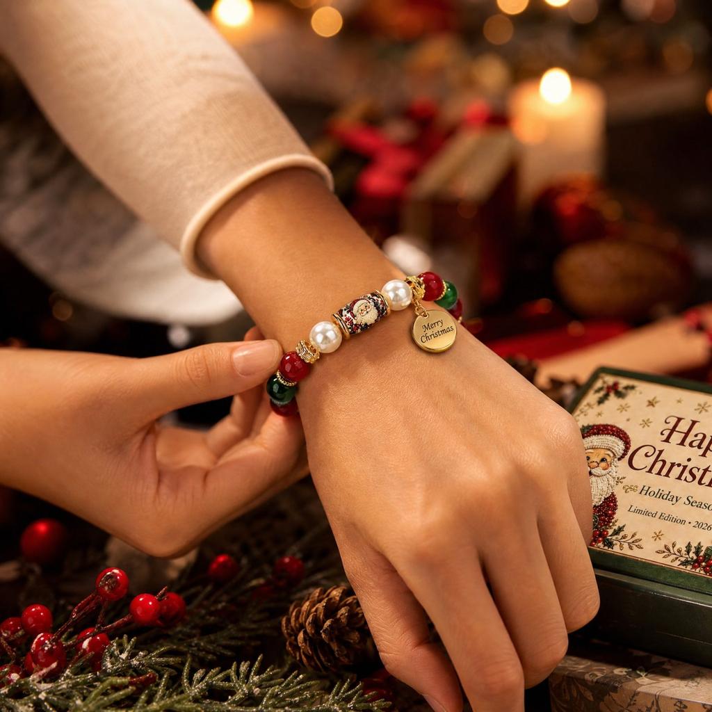 Personalized Custom Engraved Christmas Theme Bracelet with and Natural, Holiday Jewelry Gift