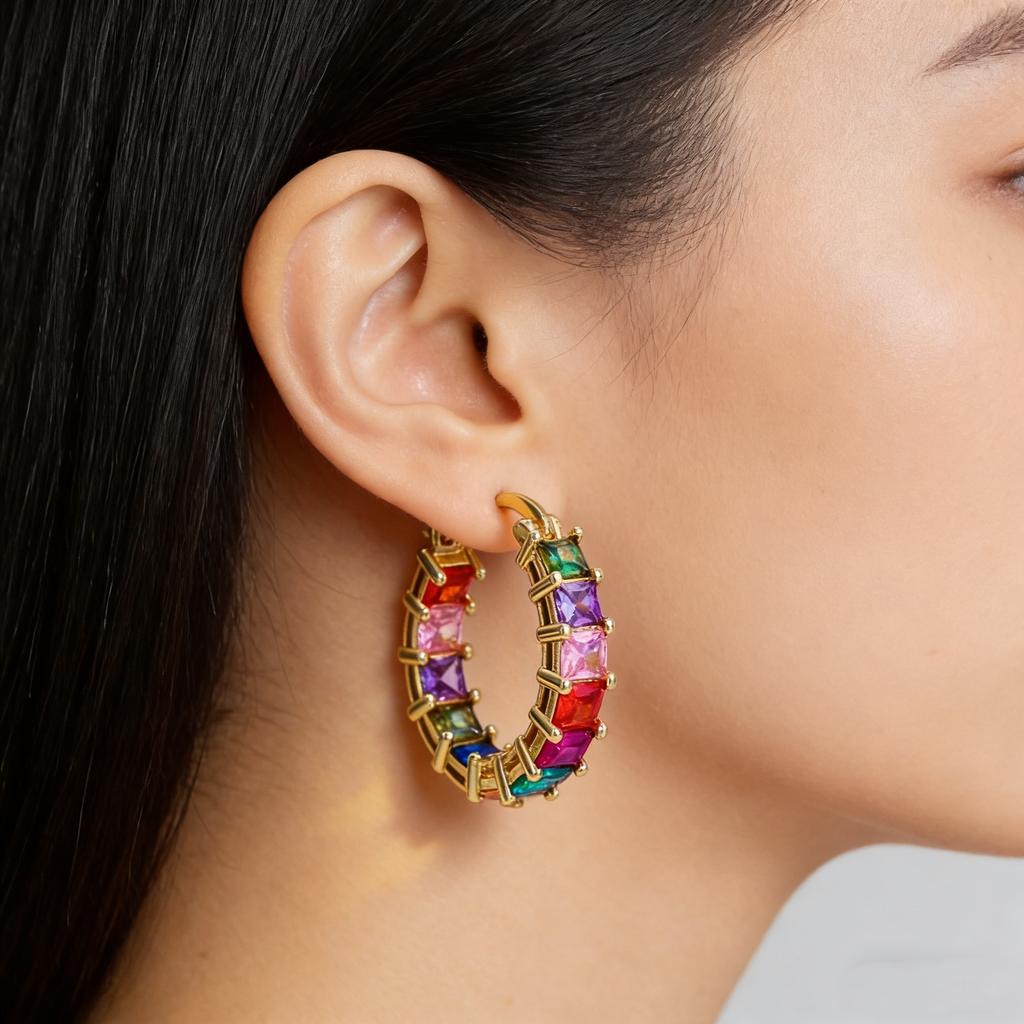 Elegant Colored Synthetic Zirconia Inlaid Golden Plated Hoop Earrings for Women Exquisite Banquet Wedding Jewelry Crafts