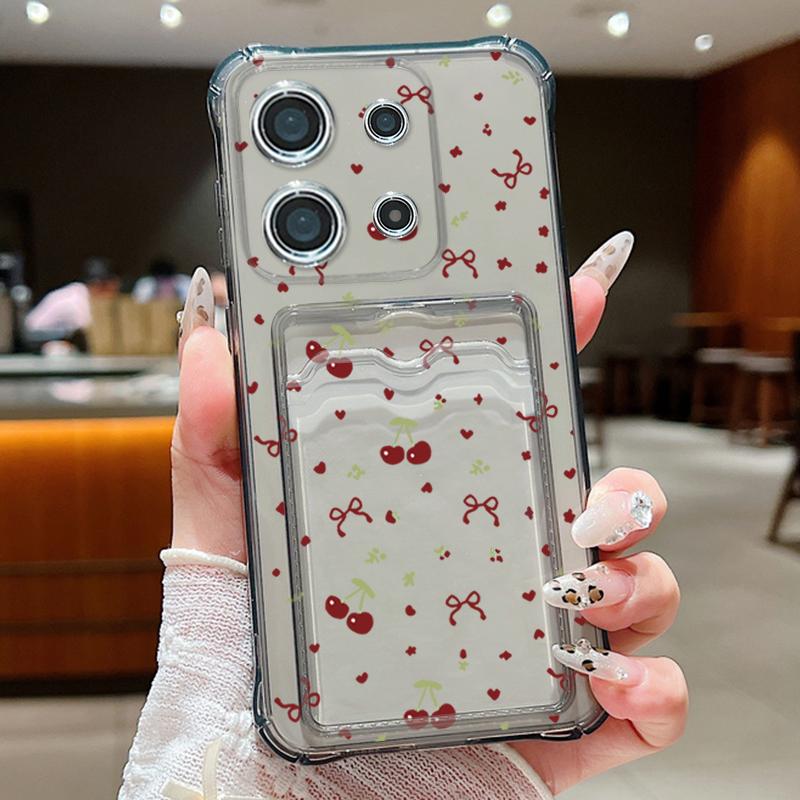 Motif Nœud Cerise Fente pour Carte Étui en Silicone Souple Pour Xiaomi 14T 13T Pro Poco F6 Pro X6 C65 Redmi Note 13 12 Pro 11 Housse de Téléphone Transparente Antichoc