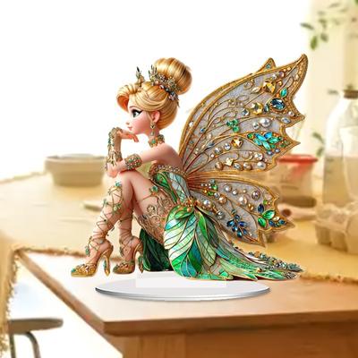 Adorno de Mesa de Hada Hada Sentada Estatua con Alas de Mariposa con Cartel Acrílico de Escritorio para Estantería Repisa de Ventana