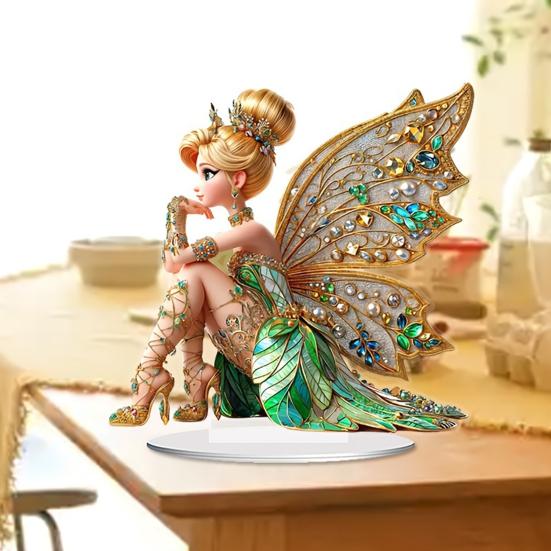 2D Fairy Tabletop Ornament Sitting Fairy Statue with Butterfly Wing Desktop Acrylic Sign for Bookshelf Windowsill Bonsai Landscaping Decor