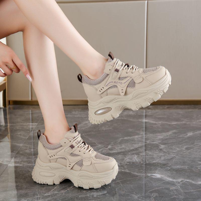 Women's Dad Shoes Leather Upper Thick Bottom Casual Sports Shoes Spring Autumn Breathable Lightweight Women's Shoes